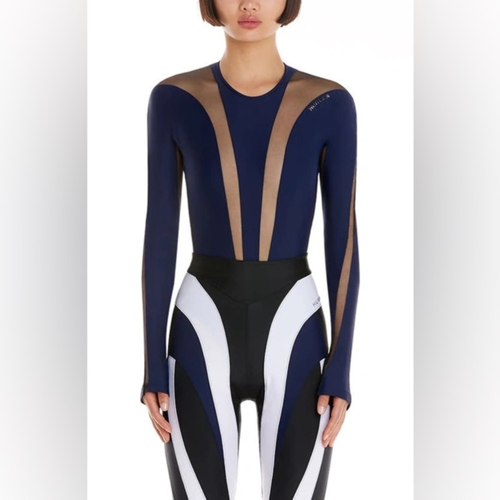 Mugler Illusion Mesh Long Sleeve Bodysuit In Midnight Blue